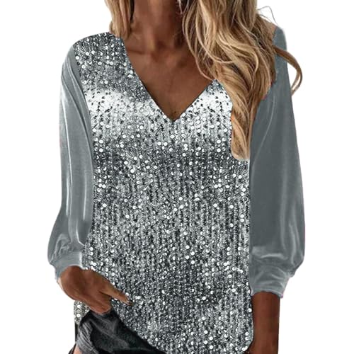 Glitzer Oberteile Damen, Pailletten Glitzer Outfit Top Pullover Silvester Oberteil Bluse Festlich Shirt Elegant Langarm Party Ppulli Glitzerbluse für Frauen Glitzershirt Blusen Tunika von unilarinna