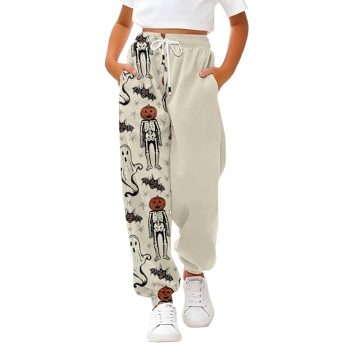 Halloween Jogginghose Kinder Mädchen Jungen Lange Drawstring Sporthose mit Skelett/Geister/Kürbis Muster modische Elastische Taille Sweatpants mit Taschen Bequem High Waist Freizeithose 3-14 Jahre von unilarinna