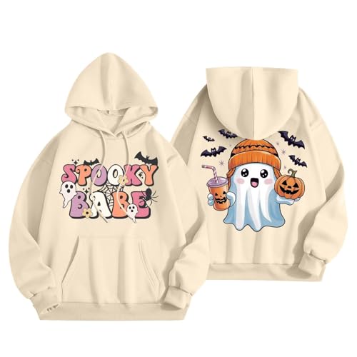Halloween Kostüm Oversize Pullover Damen mit Kapuze Sweatshirt Kürbisse und Geister Drucken Langarm Hoodie Rundhals Pulli Locker Oberteil Halloween Druck Karneval Festival Horror Kapuzenpullover von unilarinna