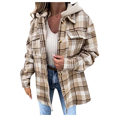 Hemdjacke Damen Kariert Mit Kapuze Taschen Einfarbig Karierte Kurz Frauen Hemd Langarm Holzfällerjacke Oversized Hemdbluse Urban Style Freizeithemd Jacke Knöpfe Übergangsjacke Overshirt von unilarinna