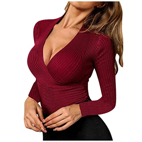 Lässige Langarm Tunika Oberteile für Damen V Ausschnitt Slim Fit Pulli Sexy Langarmshirt Basic Rundhals Einfarbig T-Shirt Tops Button Shirt V-Ausschnitt Casual Pullover von unilarinna