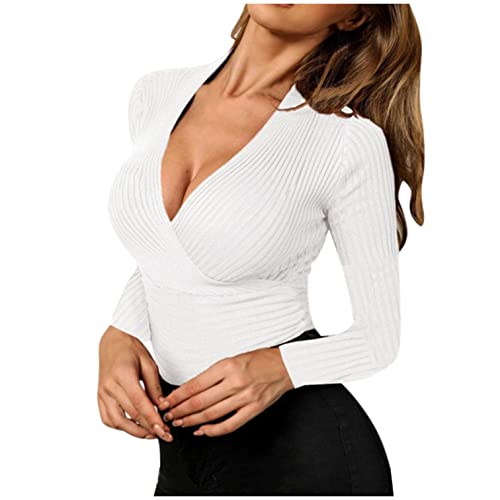 Lässige Langarm Tunika Oberteile für Damen V Ausschnitt Slim Fit Pulli Sexy Langarmshirt Basic Rundhals Einfarbig T-Shirt Tops Button Shirt V-Ausschnitt Casual Pullover von unilarinna