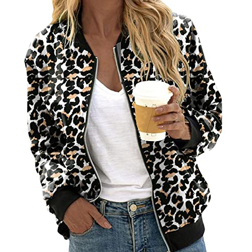 Lässige Tagesjacken für Damen leichte Freizeitjacke mit Reißverschluss Mantel Leoparden- und Blumendruck Stehkragen Kurze Sportoberbekleidung Damen Casual Langarm Leopard Print Jacke Bomberjacke von unilarinna