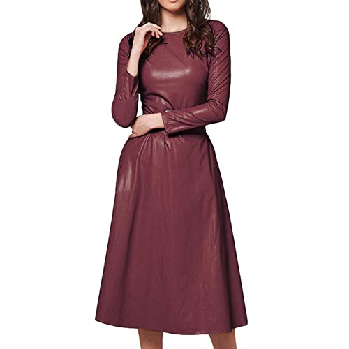 Ledergürtel Freizeitkleid Frauen Partykleid Herbst Winter 2023 Lederbekleidung Einfacher Rundhalsausschnitt Maxikleider Temperament Slim Arbeitskleid Fit PU Gürtel Kleid und Lederkleid von unilarinna