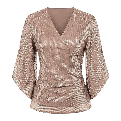 Pailletten Glitzer Tops Oberteil Kurzarm V-Ausschnitt T-Shirt Bluse Cap Ärmel Freizeit Party Festival Club von unilarinna