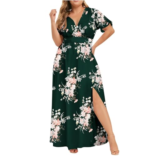 Plus Size Maxikleider Mode Sommerkleid Damen Blumendruck V-Ausschnitt Abendkleid Kurzarm Freizeitkleid Kurzärmliges Kleid mit für in Übergröße Schönes Tunikakleid Partykleid von unilarinna