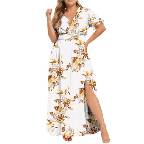 Plus Size Maxikleider Mode Sommerkleid Damen Blumendruck V-Ausschnitt Abendkleid Kurzarm Freizeitkleid Kurzärmliges Kleid mit für in Übergröße Schönes Tunikakleid Partykleid von unilarinna