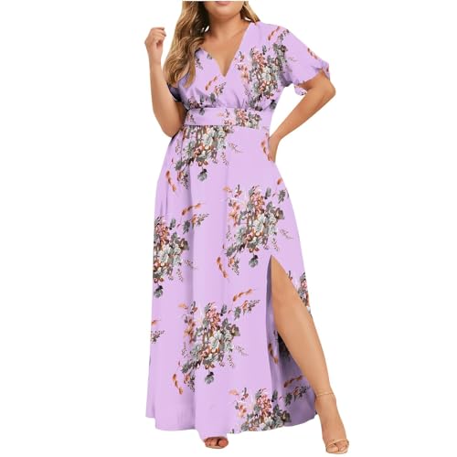 Plus Size Maxikleider Mode Sommerkleid Damen Blumendruck V-Ausschnitt Abendkleid Kurzarm Freizeitkleid Kurzärmliges Kleid mit für in Übergröße Schönes Tunikakleid Partykleid von unilarinna