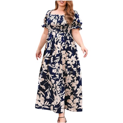 Plus Size Maxikleider Mode Sommerkleid Damen Blumendruck V-Ausschnitt Abendkleid Kurzarm Freizeitkleid Kurzärmliges Kleid mit für in Übergröße Schönes Tunikakleid Partykleid von unilarinna