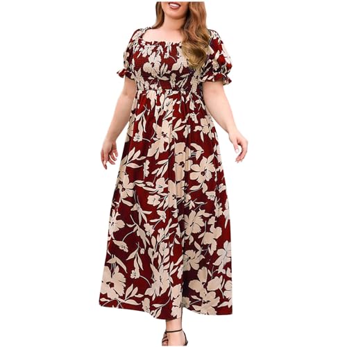 Plus Size Maxikleider Mode Sommerkleid Damen Blumendruck V-Ausschnitt Abendkleid Kurzarm Freizeitkleid Kurzärmliges Kleid mit für in Übergröße Schönes Tunikakleid Partykleid von unilarinna