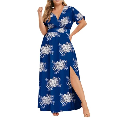 Plus Size Maxikleider Mode Sommerkleid Damen Blumendruck V-Ausschnitt Abendkleid Kurzarm Freizeitkleid Kurzärmliges Kleid mit für in Übergröße Schönes Tunikakleid Partykleid von unilarinna
