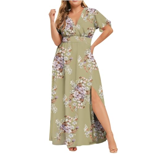 Plus Size Maxikleider Mode Sommerkleid Damen Blumendruck V-Ausschnitt Abendkleid Kurzarm Freizeitkleid Kurzärmliges Kleid mit für in Übergröße Schönes Tunikakleid Partykleid von unilarinna