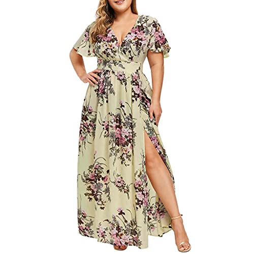 Plus Size Maxikleider Mode Sommerkleid Damen Blumendruck V-Ausschnitt Abendkleid Kurzarm Freizeitkleid Kurzärmliges Kleid mit für in Übergröße Schönes Tunikakleid Partykleid von unilarinna