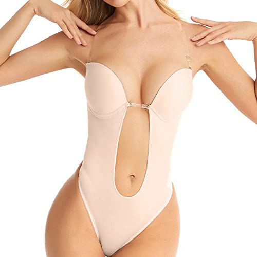 Rückenfreier Body Shaper-BH mit Tiefem V-Ausschnitt, Einteiler Shapewear Figurformender Bodys Bodysuits Unterwäsche Partykleid transparenten Trägern Elegant Body-Shaper-BH von unilarinna