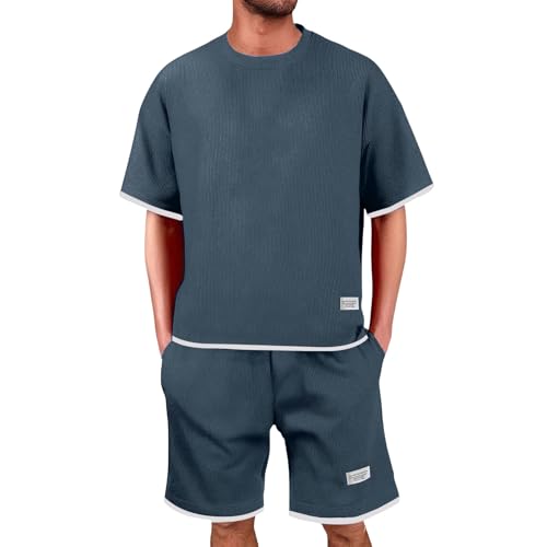 Waffle Trainingsanzug Herren Jogginganzug Sommer Kurz Freizeitanzug Kurzarm Tshirt + Kurze Jogginghose Sets 2 Teiliges Casual Sommeranzug Fitness Sportanzug Y2k Sommer Outfit Herren Tshirt Kurze von unilarinna