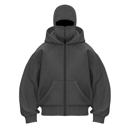 unilarinna Balaclava Zip Hoodie Herren Ninja Hoodie Mit Sturmhaube Oversize Y2k Kapuzenpullover Langarm Basic Sweatshirt Pullover Mit Kapuze Cardigan Balaclava Strickjacke Kapuzenpullover Für Herren von unilarinna