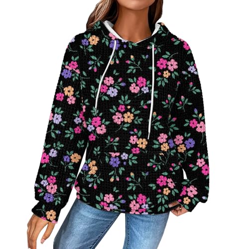unilarinna Damen Hoodie Sweatshirts Langarm Kapuzenpullover Herbst Winter Warm Pullover Blumen Print Sweatshirt mit Kapuze Pulli Oberteile Mode Waffel Kapuzenpulli mit Taschen Outwear von unilarinna