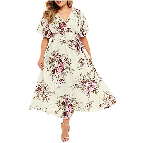 unilarinna Damen Kleid mit Kurze Ärmel Plus Size Blumenkleid V-Ausschnitt Freizeitkleid Blumen Print Sommerkleid Kurze Mode Casual Strandkleid und kurzen Partykleid Elegant Schönes Maxikleider von unilarinna