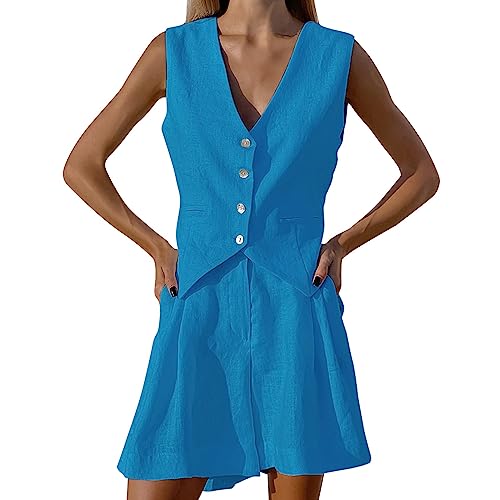 unilarinna Damen Sommer Blazer Zweiteiliger Anzug Set 2 Stück Ärmellose Weste Blazer und Shorts Anzug Set Zweiteiler Einfarbig Anzugshorts Set von unilarinna