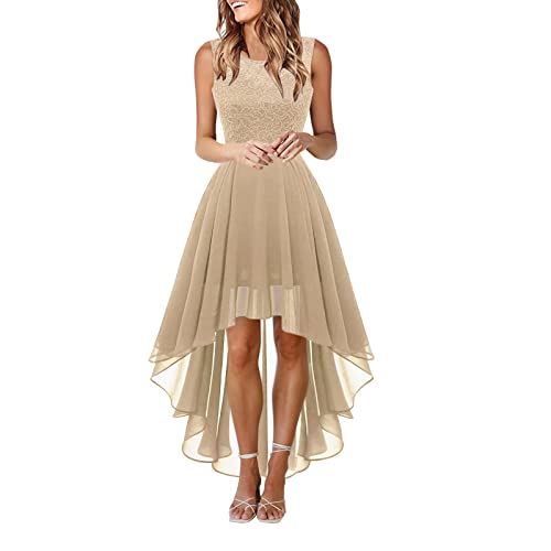 unilarinna Frauen Spitze Kleid mit Schleife Gürtel Abendkleid elegant unregelmäßige Länge ärmellos Chiffon Brautjungfer Cocktail Party Damen Slim Fit ohne Bounce Wrapped Brust Ärmellos Cocktailkleid von unilarinna
