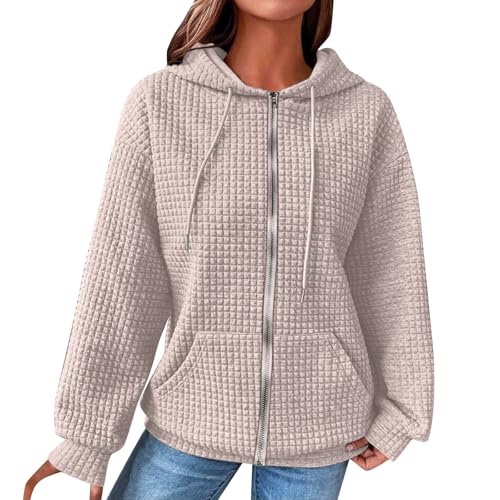 unilarinna Hoodie Damen Oversize Waffelmuster Pullover Damen Einfarbig Kapuzenpullover Langarm Sweatshirt mit Kapuze Leicht Pullover Frühling Herbst Langarmshirt Pulli Mode Hoody mit Reißverschluss von unilarinna
