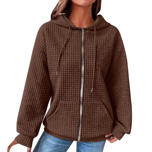 unilarinna Hoodie Damen Oversize Waffelmuster Pullover Damen Einfarbig Kapuzenpullover Langarm Sweatshirt mit Kapuze Leicht Pullover Frühling Herbst Langarmshirt Pulli Mode Hoody mit Reißverschluss von unilarinna