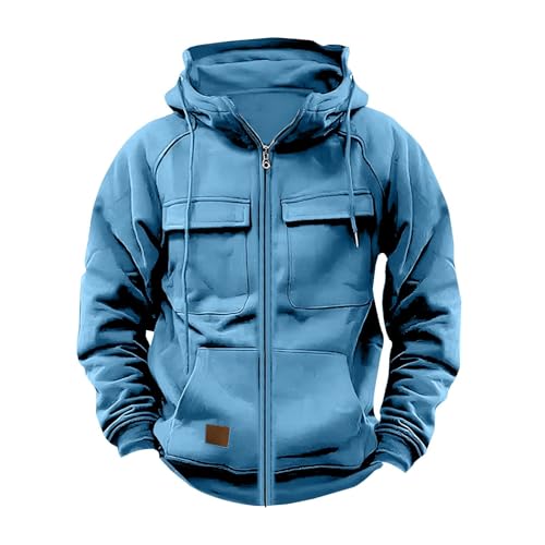 unilarinna Pullover Herren Zip Hoodie Cargo Arbeitspullover mit Multi-Taschen Vintage Kapuzenpullover Retro Fleecepullover Langarm Sweatshirt mit Fleece Übergangsjacke Winter von unilarinna