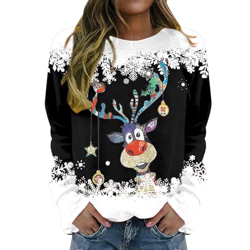 unilarinna Weihnachtspullover Lustig Basic Rundhals Langarmshirt Pullover Casual Lose Sweatshirt Damen mit Weihnachtsmotiv von unilarinna