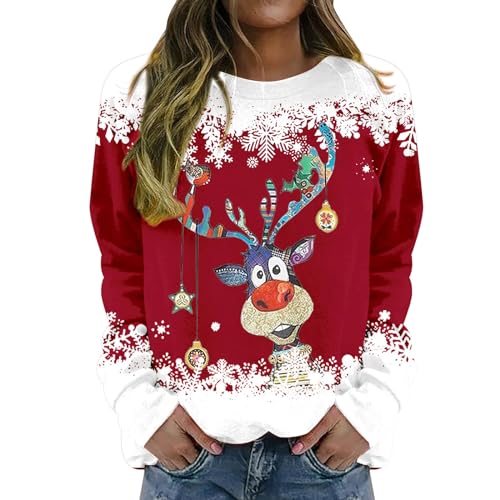 unilarinna Weihnachtspullover Lustig Basic Rundhals Langarmshirt Pullover Casual Lose Sweatshirt Damen mit Weihnachtsmotiv von unilarinna