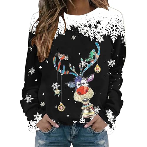 unilarinna Weihnachtspullover Lustig Basic Rundhals Langarmshirt Pullover Casual Lose Sweatshirt Damen mit Weihnachtsmotiv von unilarinna