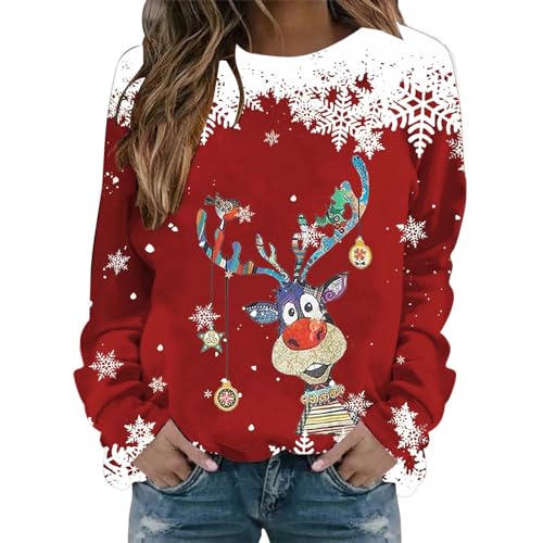 unilarinna Weihnachtspullover Lustig Basic Rundhals Langarmshirt Pullover Casual Lose Sweatshirt Damen mit Weihnachtsmotiv von unilarinna