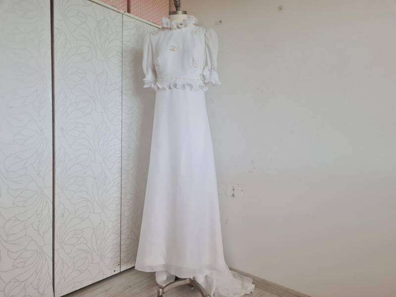 70Er Vintagekleid Brautkleid Hochzeitkleid Plissedetails Maxikleid Schleppe von uniqueMG