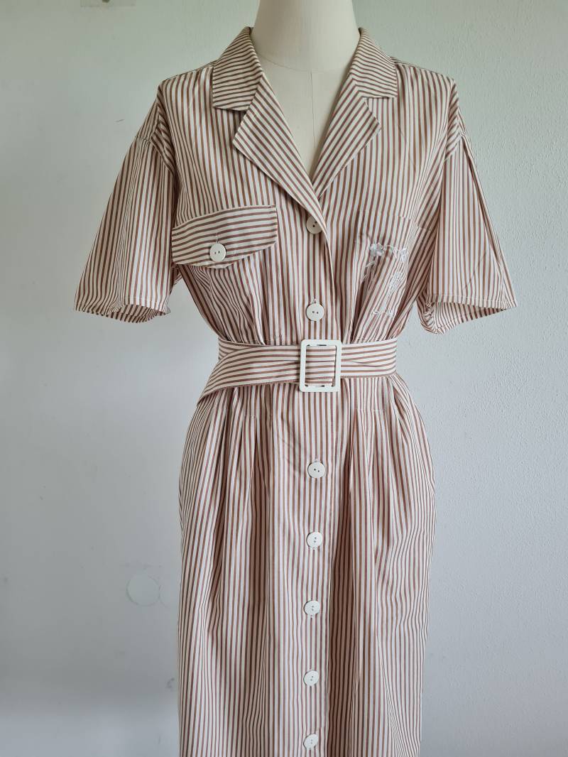 80Er Vintagekleid Gestreift Gr. 38-40 Braun Sommerkleid Von Marie Claire von uniqueMG