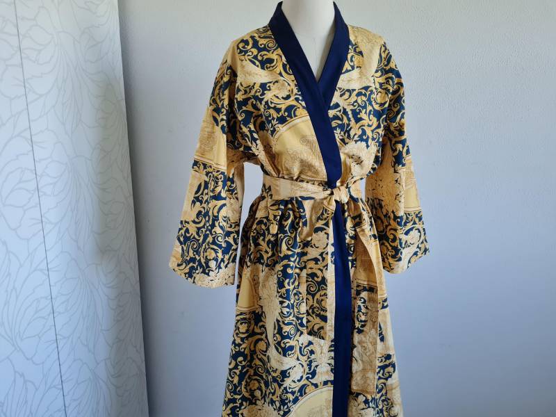Gr 40-42-44 Kimonomantel Morgenmantel Blau/Gelb Sommermantel Gemustert von uniqueMG