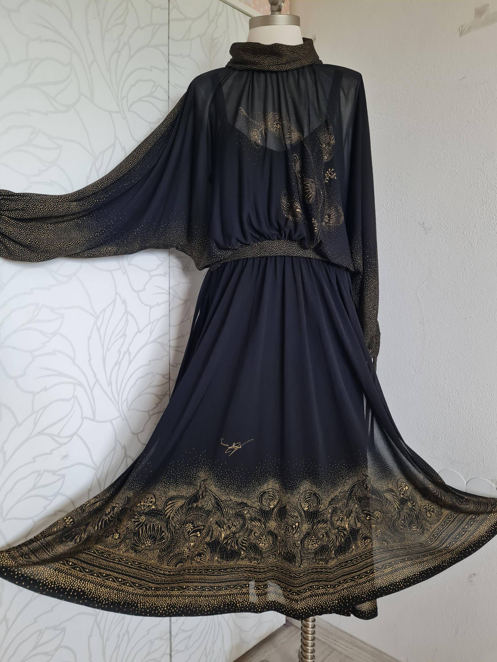 Gr. 38-40 Vintagekleid Schwarz/Gold 80Er Festlich von uniqueMG