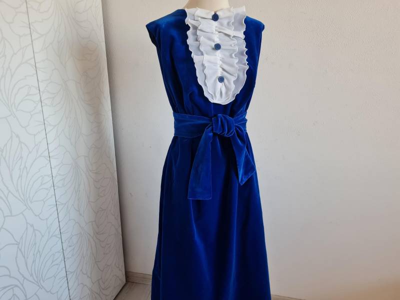 Gr. 42-44 Vintage Samtkleid Royalblau Mit Abnehmbaren Rüschenteil von uniqueMG