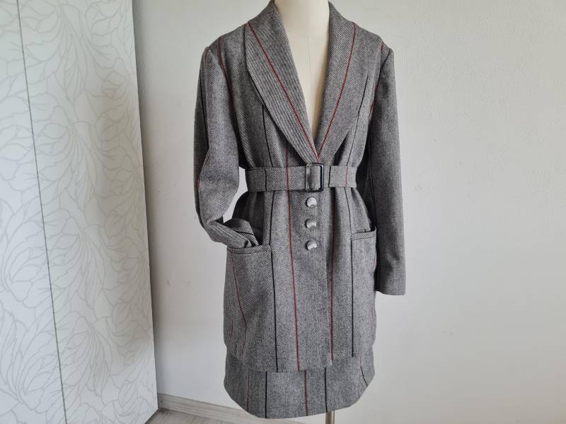Gr. 42-44 Vintagekostüm Gestreift Grau Blazer/Rock von uniqueMG
