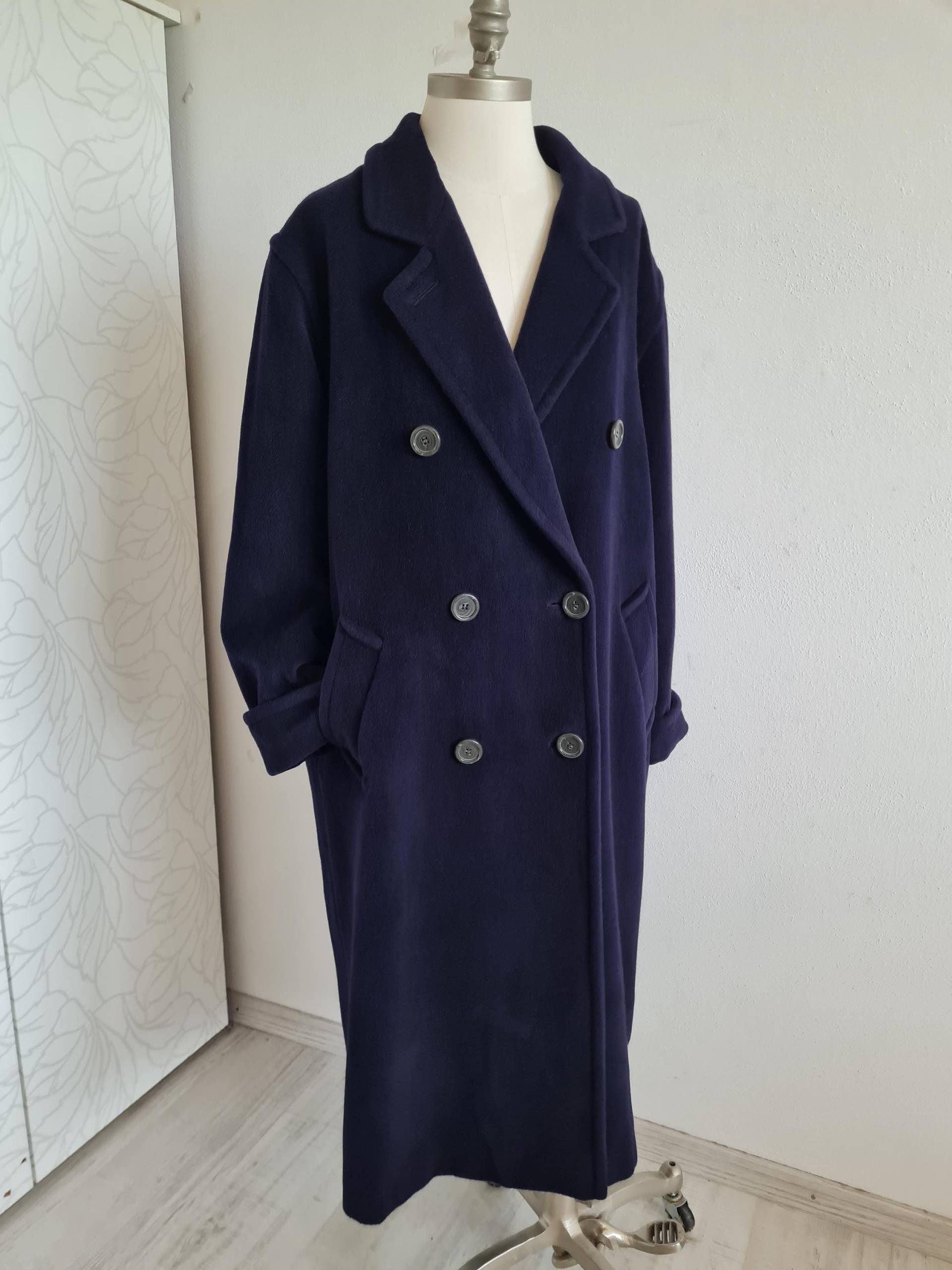 Gr. 42 Wolle/Angora Vintagemantel Dunkelblau Zweireiher Klassisch 80Er von uniqueMG