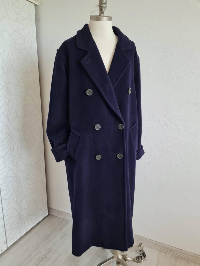 Gr. 42 Wolle/Angora Vintagemantel Dunkelblau Zweireiher Klassisch 80Er von uniqueMG