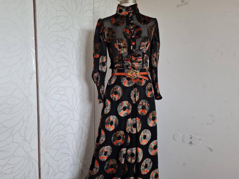 Gr.34 Vintageset Schwarz Gemustert Transparent 70Er Jahre Festlich von uniqueMG