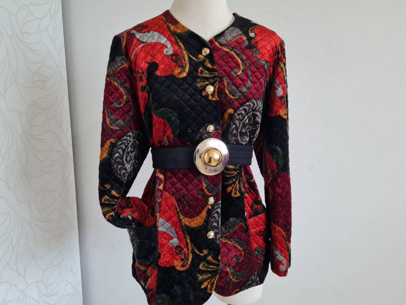 Gr.40 Vintage Samt Steppjacke Schwarz Rot Festlich von uniqueMG