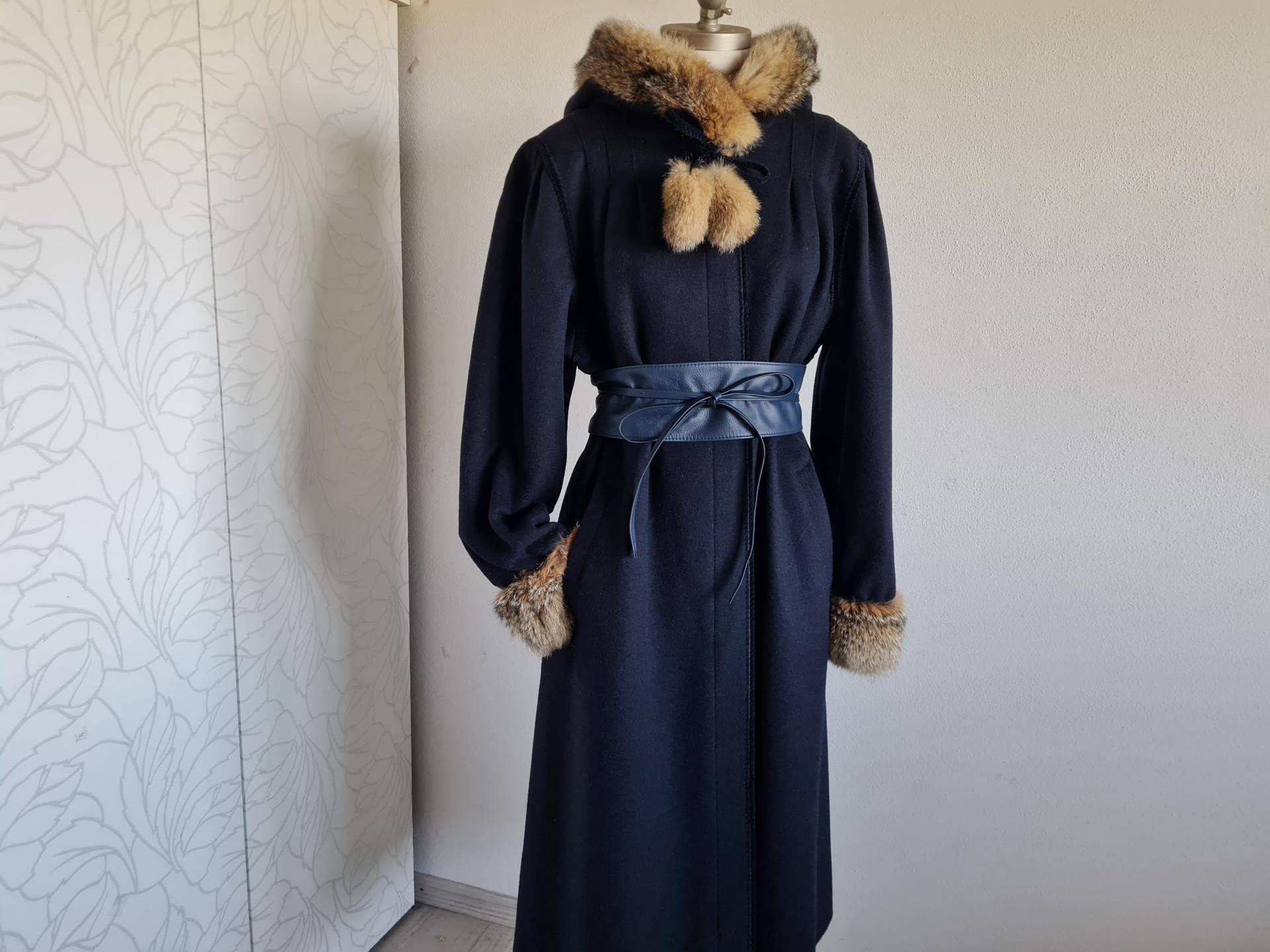 Gr.40 Vintagemantel Blau Kapuze Fell von uniqueMG