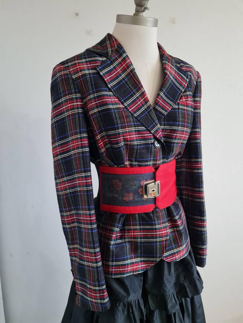 Gr.42-44 Seidenblazer Kariert Vintage 80Er Jahre Schwarz Rot Blau Grün Weiß von uniqueMG