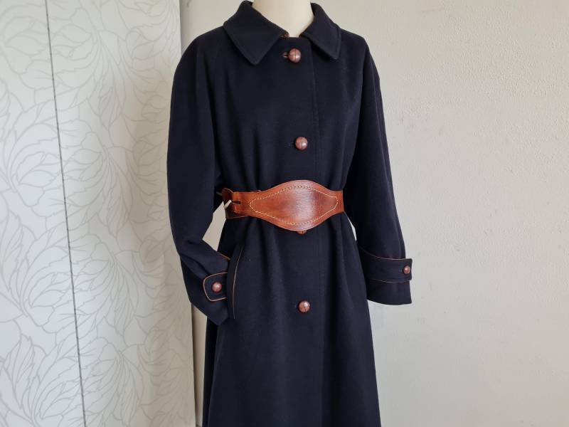 Gr.42 Vintagemantel Alpaka Lodenmantel Schwarz Mit Leder Details von uniqueMG