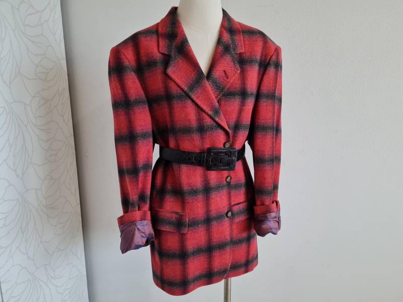 Gr.52 Vintagesakko Herrenjacke Unisex Wolle Kaschmir Rot Schwarz von uniqueMG