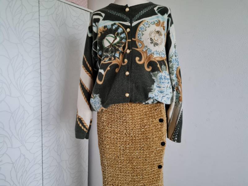 Kaschmir/Wolle Vintagestrickjacke Grün Gemustert Hochwertig von uniqueMG