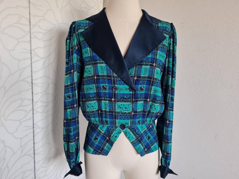 Pret A Porter Jacke Seide Designerjacke Kariert Blau/Grün Hochwertig von uniqueMG