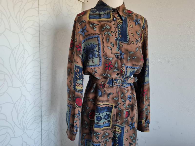 Vintagekleid 80Er 90Er Braun Blumig Gemustert Hemdkleid Sommerkleid von uniqueMG
