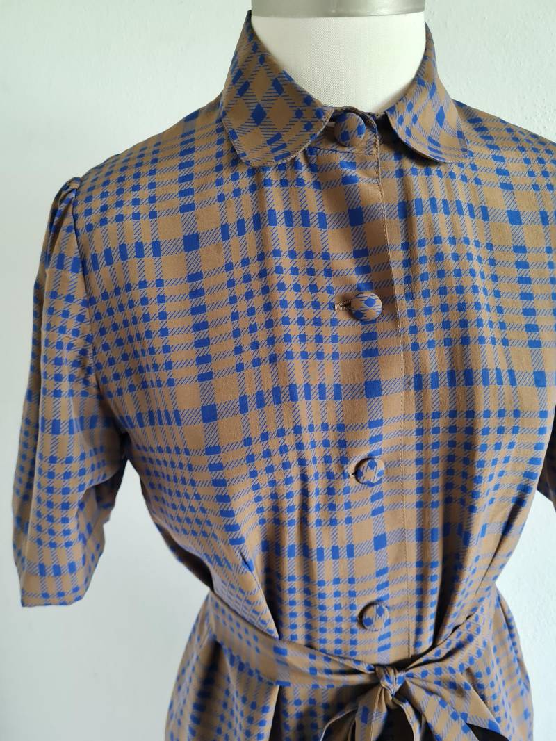 Vintagekleid 80Er 90Er Seide Hemdkleid Braun/ Blau Sommerkleid Kariert von uniqueMG