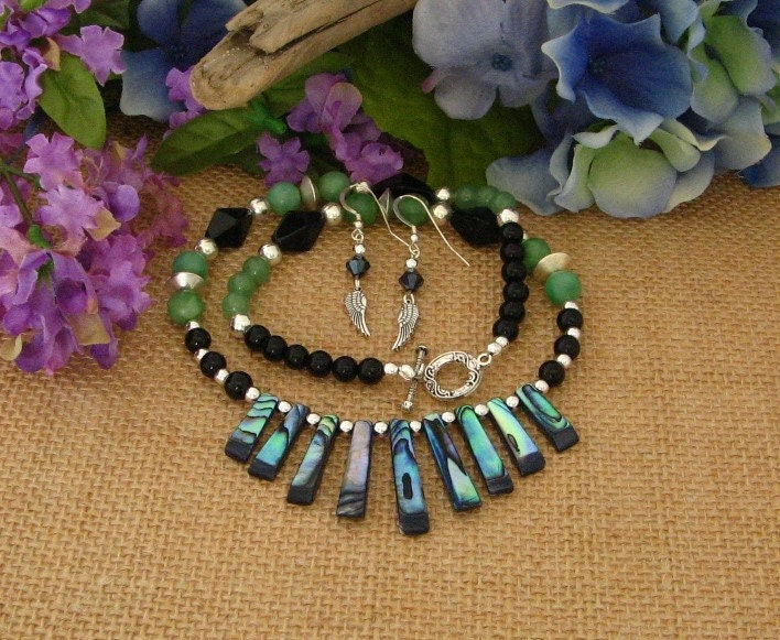 Reversible Abalone Achat Halskette Set Silber Flügel Ohrringe, Boho Schmuck Reversible Abalone Achat Halskette Set Silber Flügel Ohrringe, Boho Schmuck von uniquebysuzy